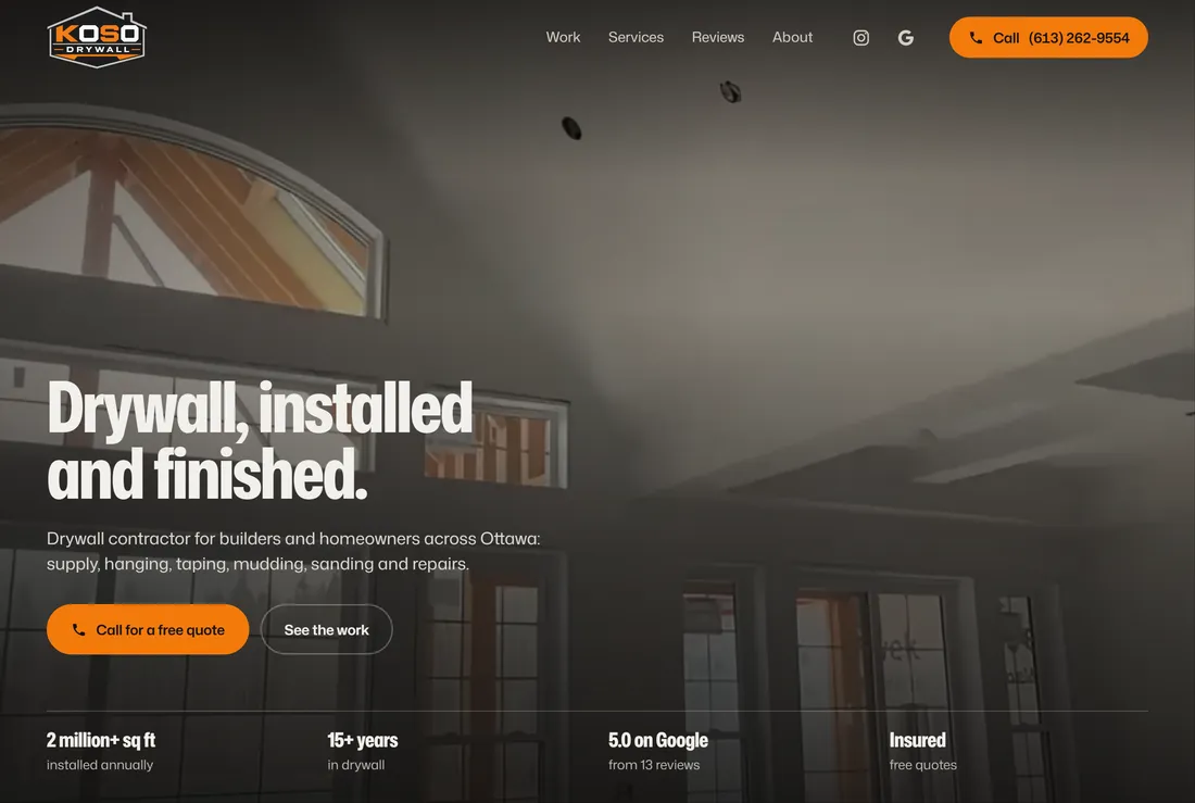 The home page we built for KOSO Drywall, on a desktop screen
