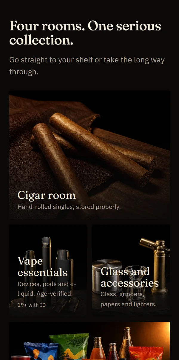 The four rooms of a cigar and vape shop site we built, on a phone